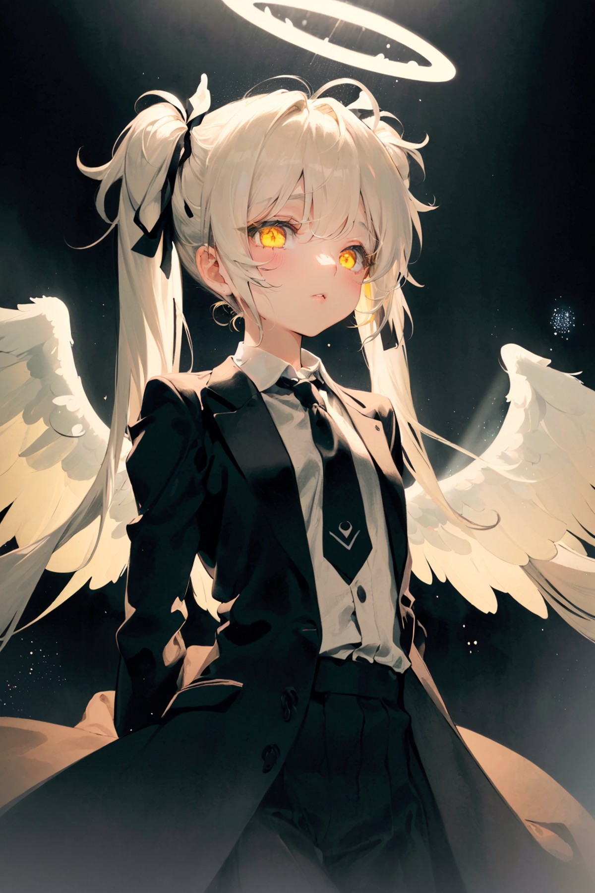 (masterpiece, Best Quality:1.3), (Ultra-detailed:1.3),
1girl in, Solo, (White hair, hair messy, Long hair),
(Angel wings, ...
